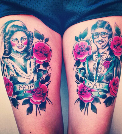 portrait tattoos, color tattoo and thigh tattoo