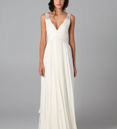 sleeveless beading, elegant a-line and v-neck