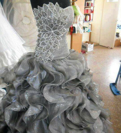 embroidery flowers, wedding dress and jewel crystals