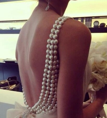 pearls, long and beige dress