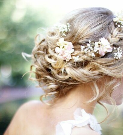 flowers, braided updo and hair