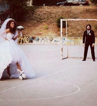 couple, football and bride
