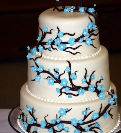 bride, blue flowers and cake