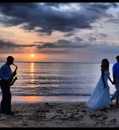 beach, couple and saxophone