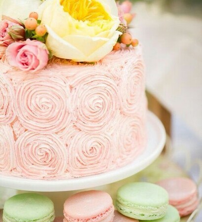 pink macaron, pink cake and roses