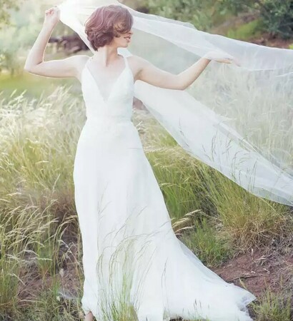 wedding dress, sunset and portrait
