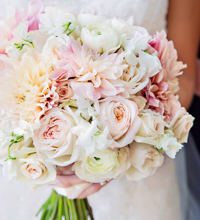white, wedding gown and flowers