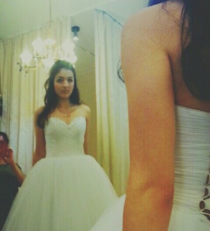 brunette, white and gown