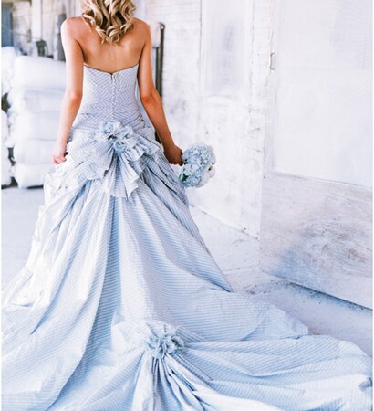 preppy, light blue outfit and wedding dress