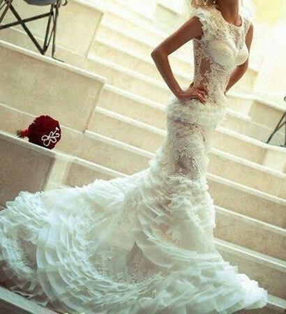 wedding dress, white lace wedding dress and fit and flare silhouette