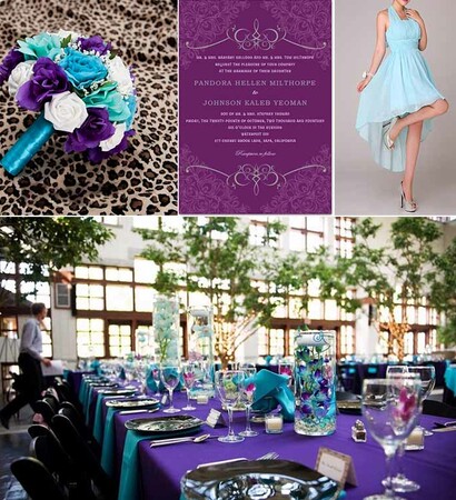wedding ideas, purple and teal wedding and bridesmaid dress