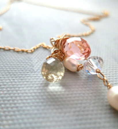 pink crystal necklace, briolette necklace and gold filled necklace