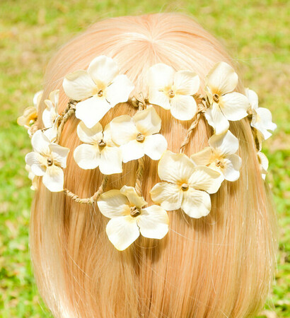 cascading back, flower crown and wedding yellow