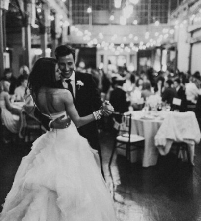 just married, black and white and dancing