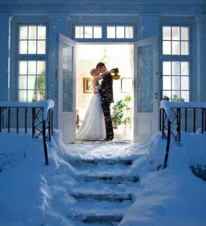 bride, snow and couple