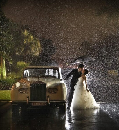 bride, car and couple