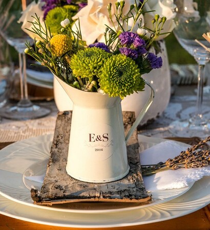 water jug, centrepieces and rustic