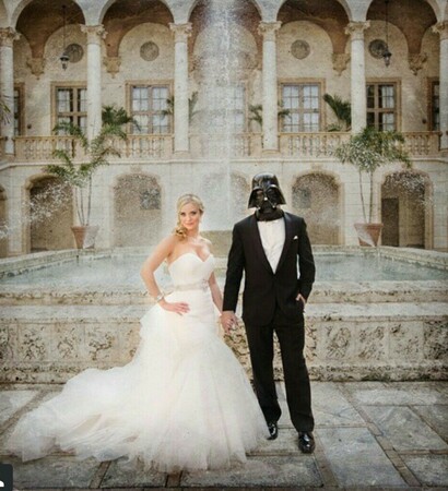 groom, bride and darth vader