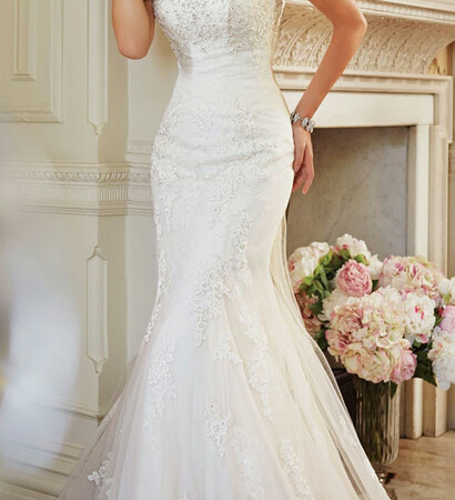 embroidery, wedding dress and white