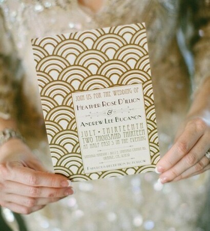 gatsby, wedding card and dress