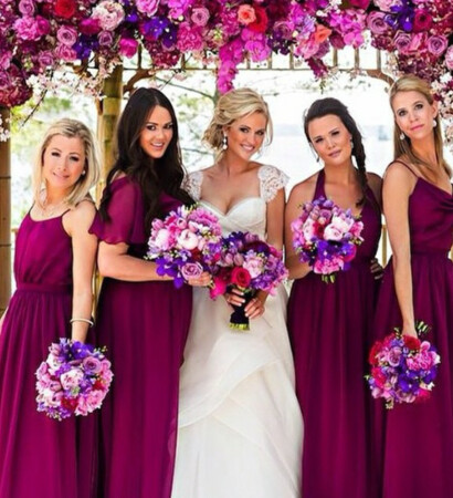 bridesmaids, bride and flowers