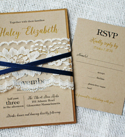 navy, lace wedding invitation and gold wedding