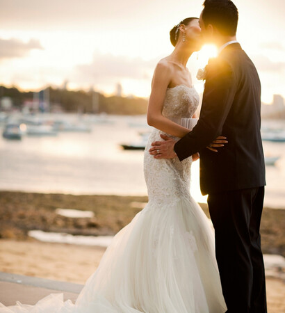 kiss, wedding dress and sunset