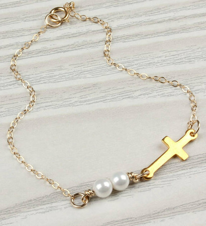 gold cross bracelet, "kastalia and pearl brACELET
