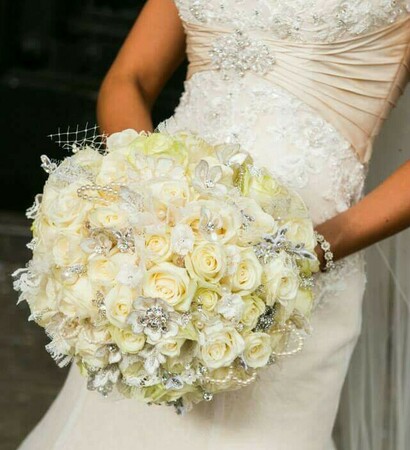 wedding dress, bouquet and rose