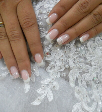 bride nails, white french and wedding dress