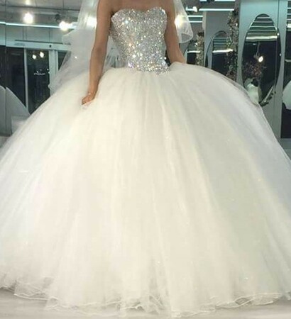 wedding dress, dress and white