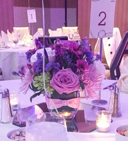 purple, centerpiece and pink