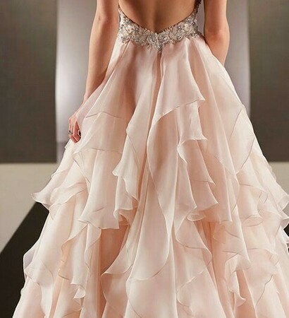 a line silhouette, pink wedding gown and ruffled skirt