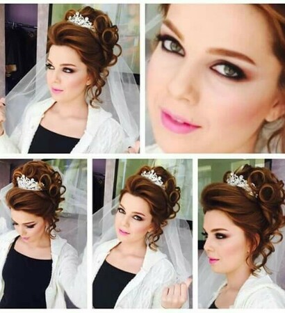 wedding dress, wedding make up and hair