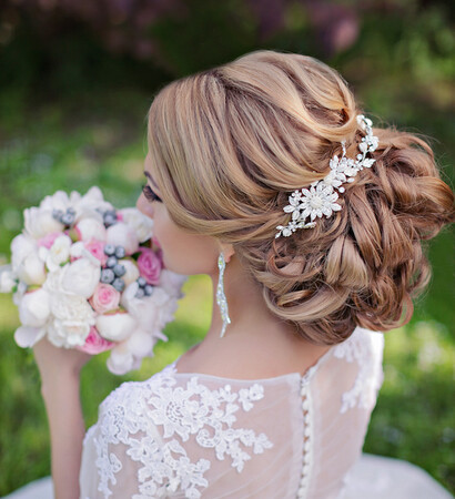 lace, bridal hair and flowers