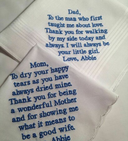 father, wedding hankie and mother
