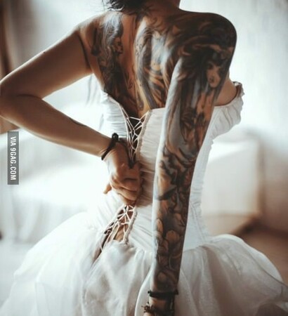 wedding dress, tatto and woman