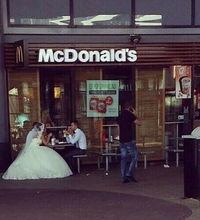 wedding dress, couple and mac donald's