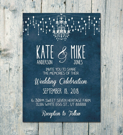 navy blue, chandelier and invitations