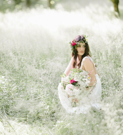 romantic, wedding dress and flower crown