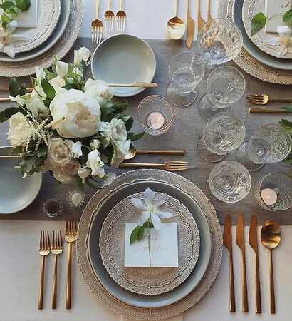 flowers, dinner table and place settings