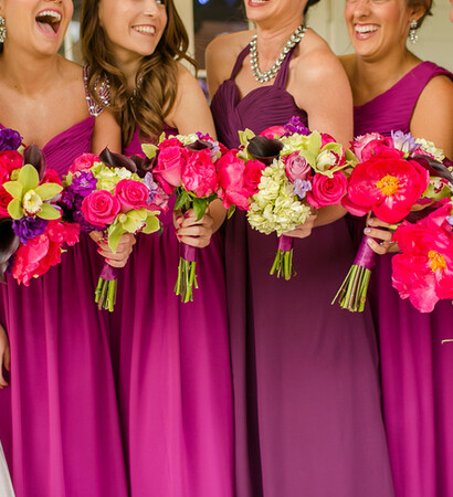 pink wedding, flowers and bridesmaid