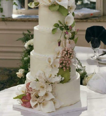 wedding cake, bride and pink flowers
