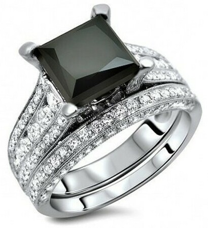 bridal ring set, white gold wedding band and wedding ring set