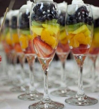 cups of delicious fruits, healthy food and wedding arrangements