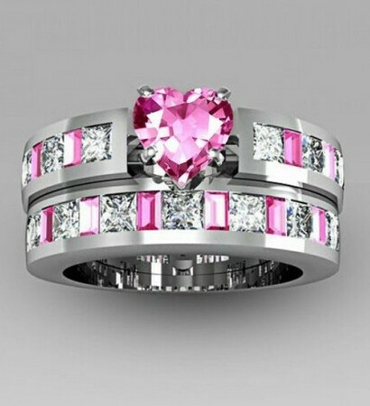wedding ring set, pink sapphire ring set and bridal ring set