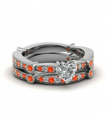 orange sapphire ring, bridal ring set and wedding ring set