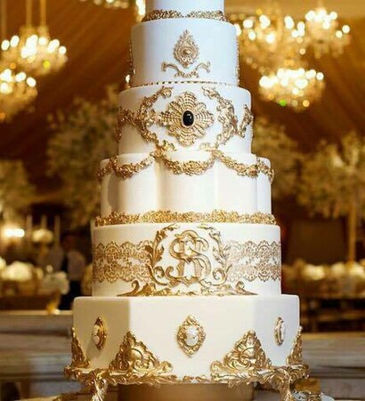 wedding cake, wedding dress and bride