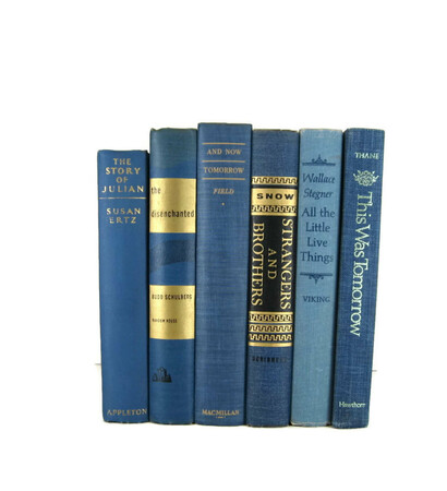 table settings, etsy and blue vintage books