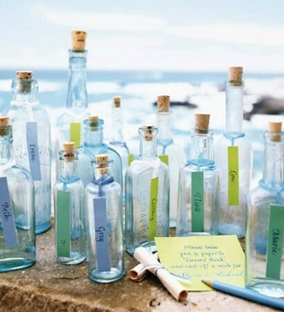 name holders, shipwreck bottles and cute beach wedding ideas